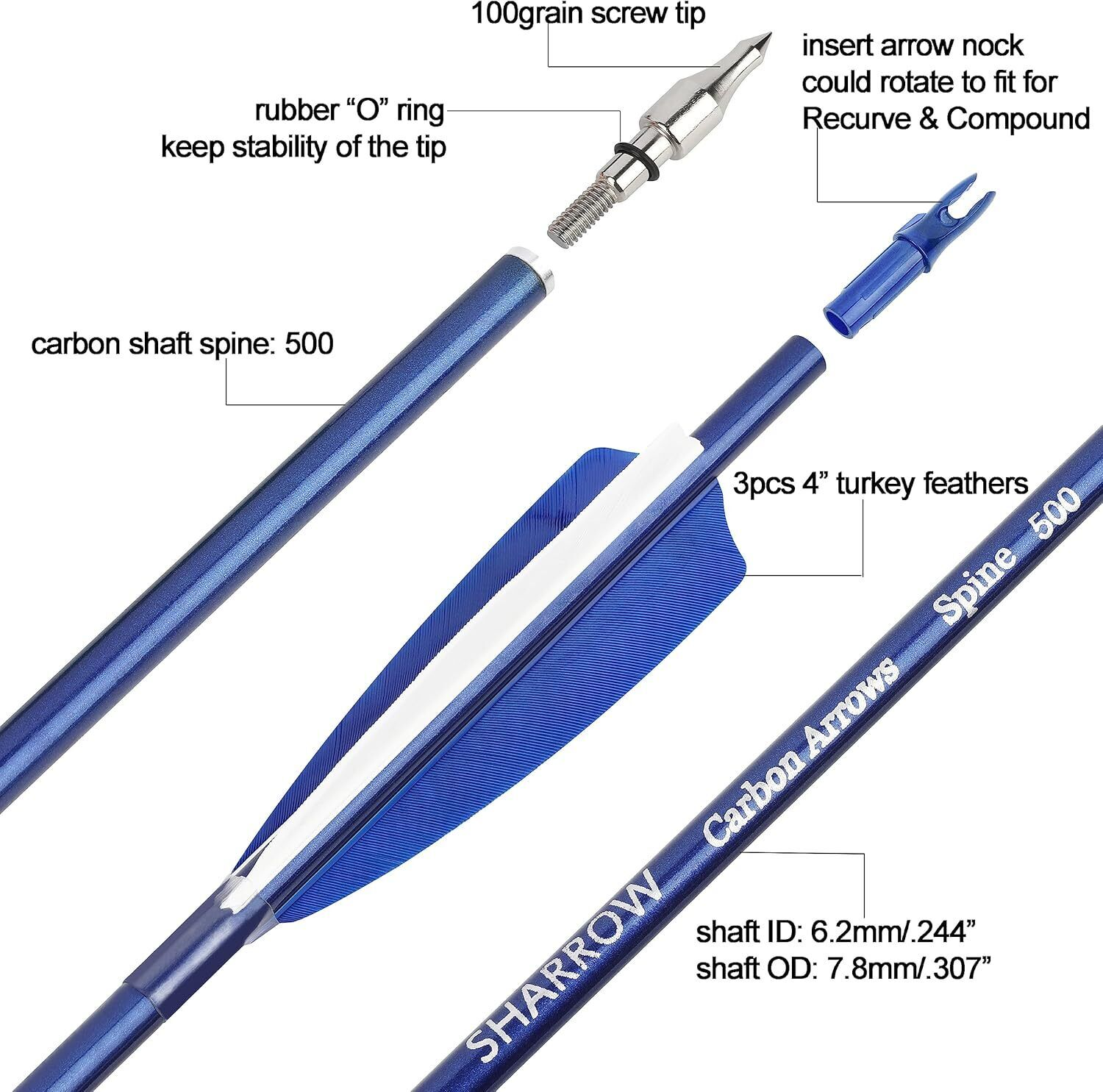 12pcs 30" Carbon Arrows Archery 4" Turkey Feather SP500 Arrowhead Bow Shooting Hunting